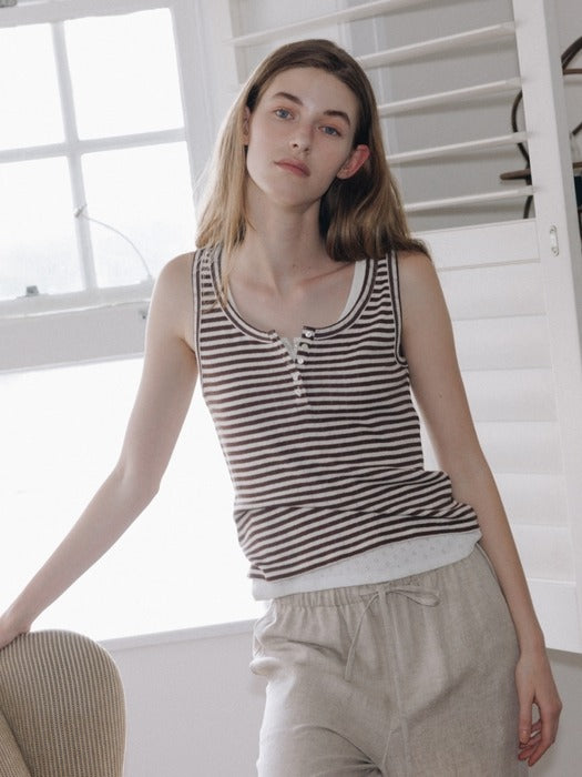 Wconcept_Depound stripe henley sleeveless top - brown