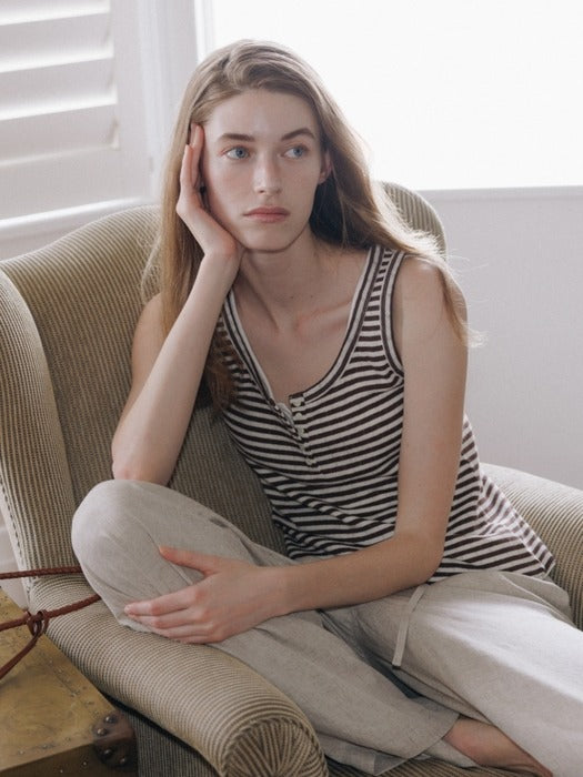 Wconcept_Depound stripe henley sleeveless top - brown
