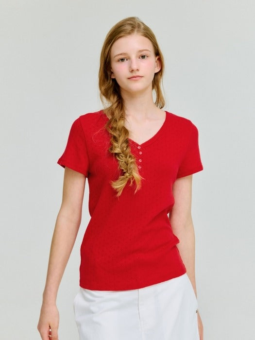 Wconcept_Depound eyelet v-neck cap sleeve t-shirt - red