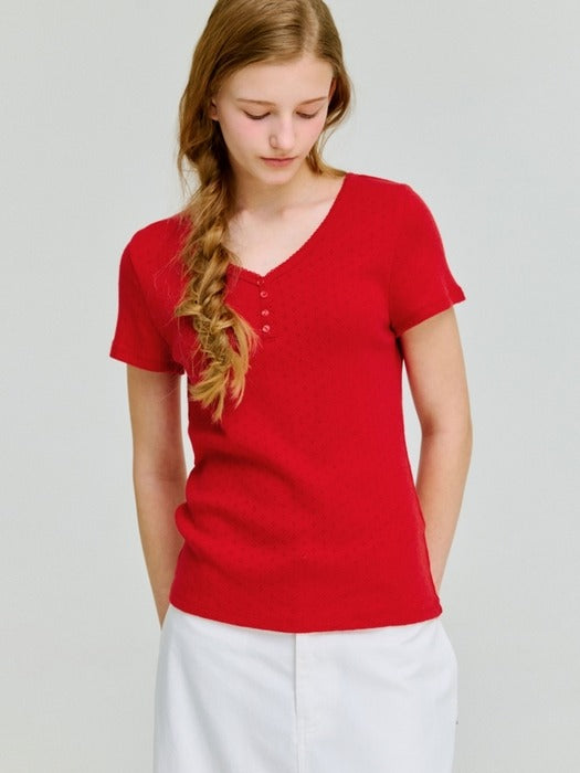 Wconcept_Depound eyelet v-neck cap sleeve t-shirt - red