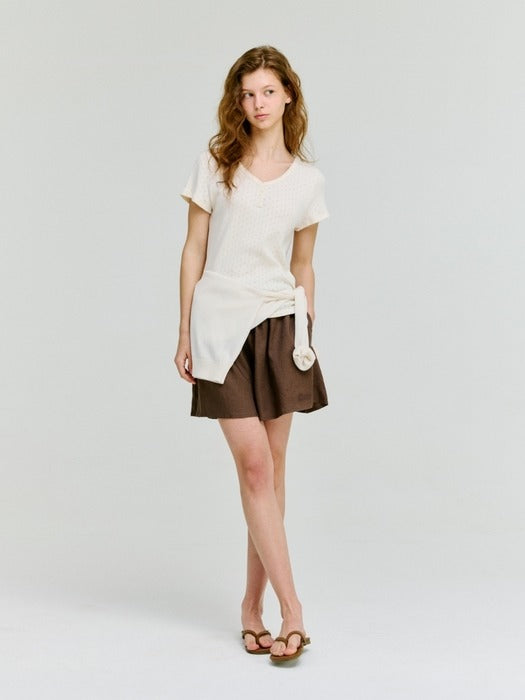 Depound eyelet v-neck cap sleeve t-shirt - ivory