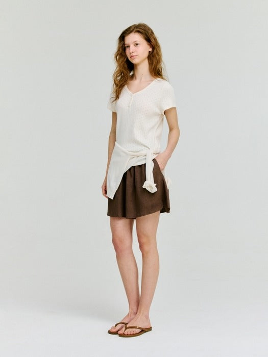 Depound eyelet v-neck cap sleeve t-shirt - ivory