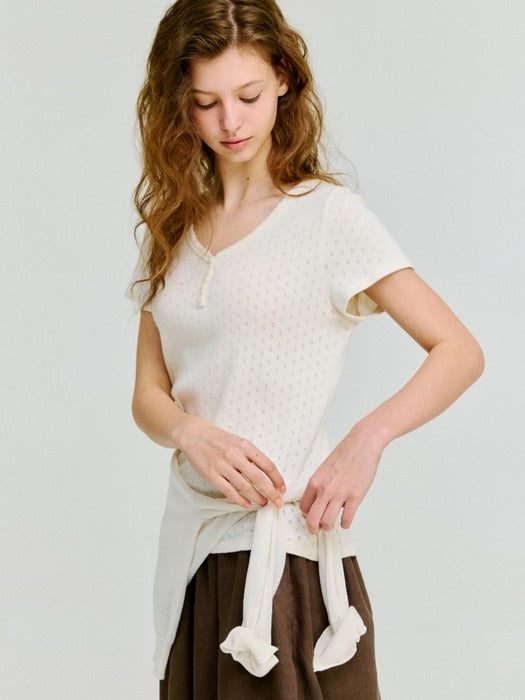 Depound eyelet v-neck cap sleeve t-shirt - ivory