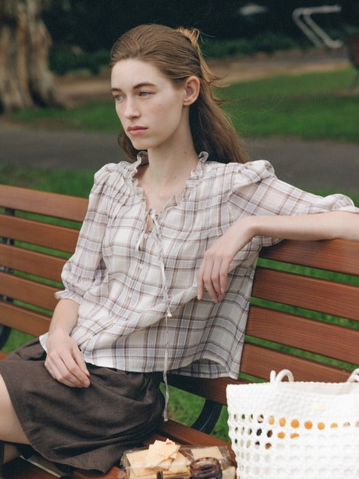 Wconcept_Depound check frill tie blouse - beige