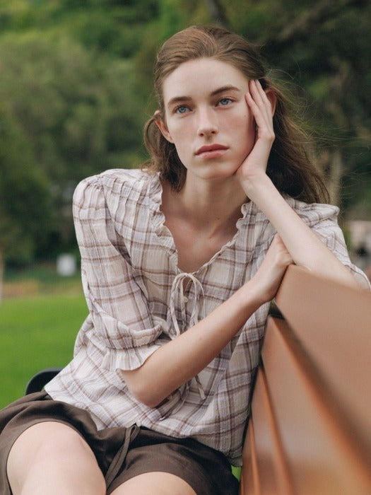 Wconcept_Depound check frill tie blouse - beige