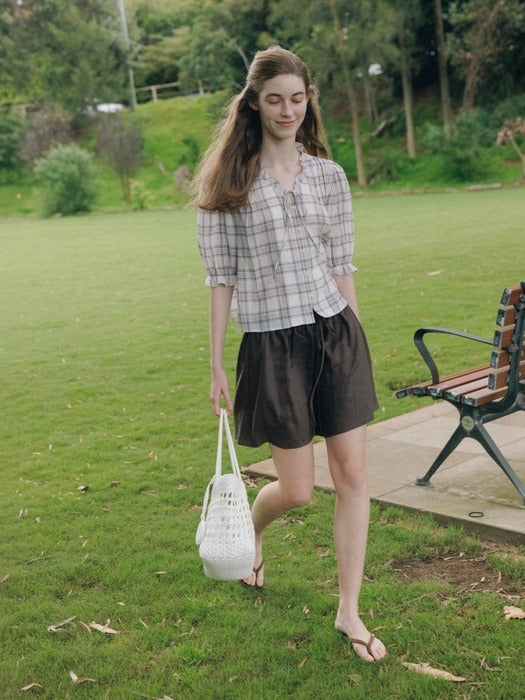 Wconcept_Depound check frill tie blouse - beige