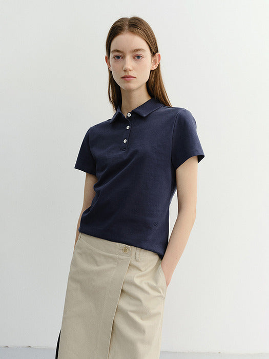 Dunst Cropped Slim Collared T-Shirt Navy