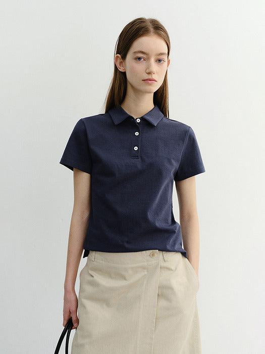 Dunst Cropped Slim Collared T-Shirt Navy