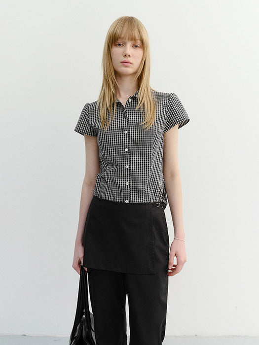 Dunst Vintage Cap Sleeve Slim Shirt Black Check