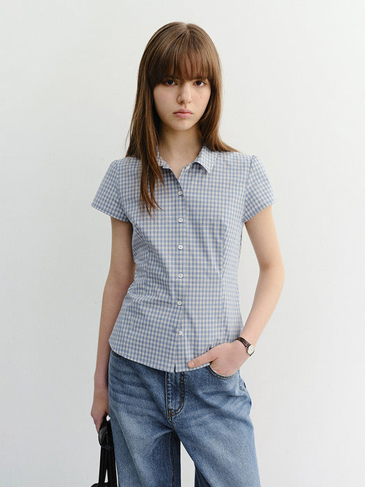 Dunst Vintage Cap Sleeve Slim Shirt Soft Blue Check