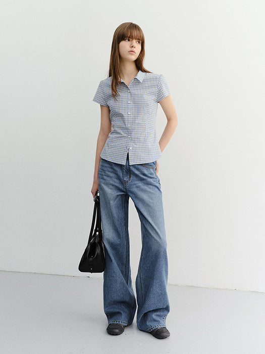 Dunst Vintage Cap Sleeve Slim Shirt Soft Blue Check