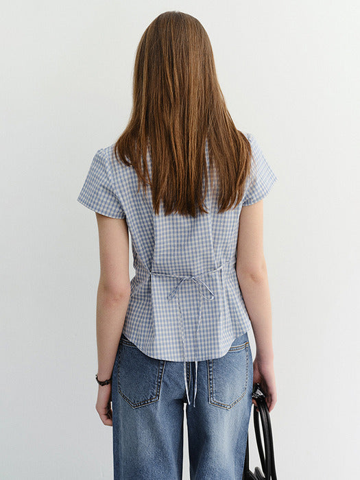 Dunst Vintage Cap Sleeve Slim Shirt Soft Blue Check