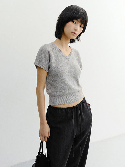 Dunst Summer Linen V-Neck Knit Melange Grey