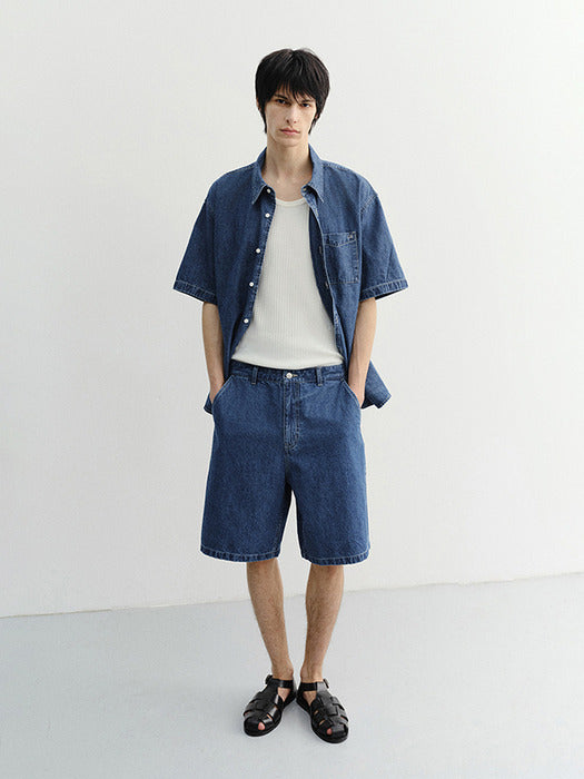 Dunst Unisex Linen Denim Shorts Classic Blue