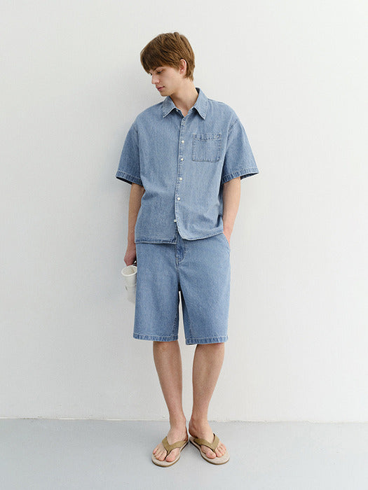 Dunst Unisex Linen Denim Shorts Light Blue