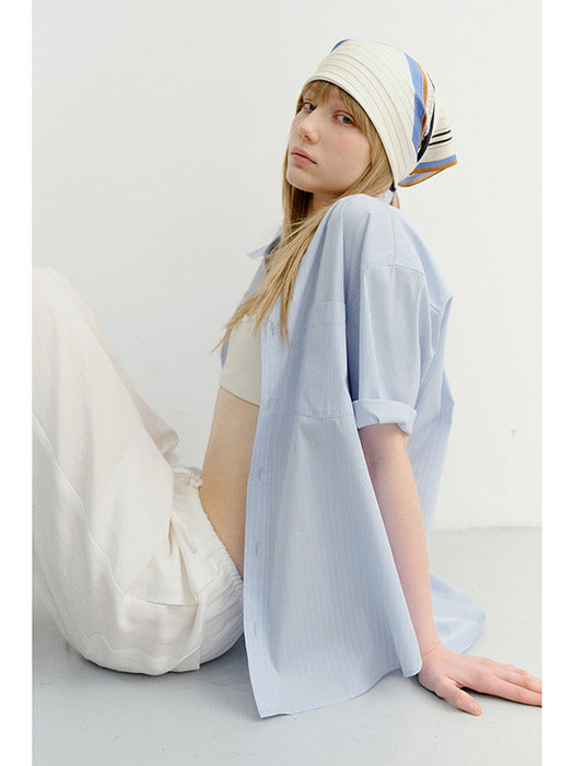 Dunst Unisex Oversized Half Sleeve Striped Shirt Soft Blue Stripe