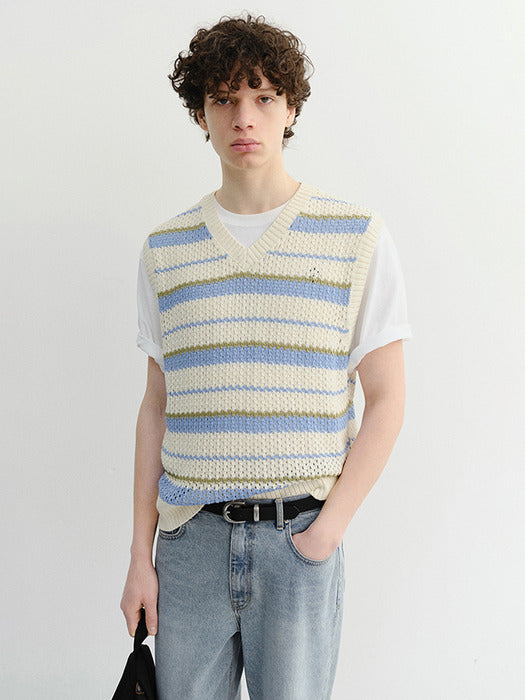 Dunst Unisex Chunky Striped Knit Vest Soft Blue