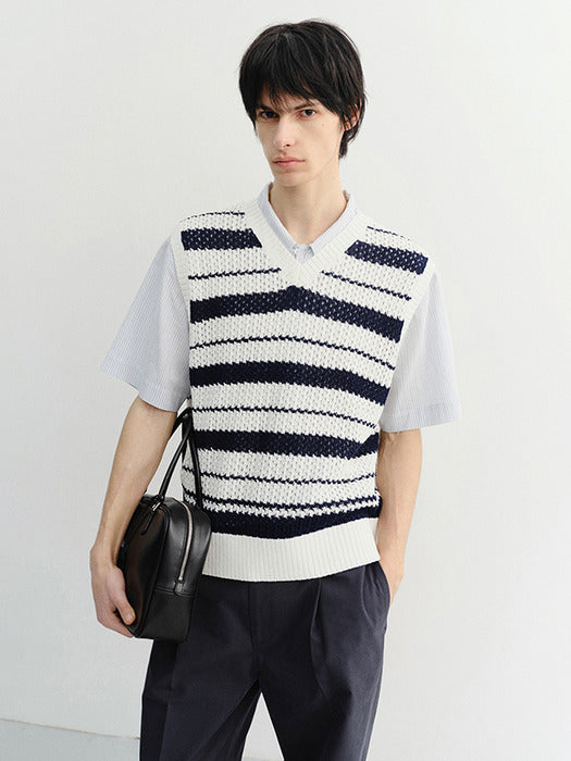 Dunst Unisex Chunky Striped Knit Vest Navy