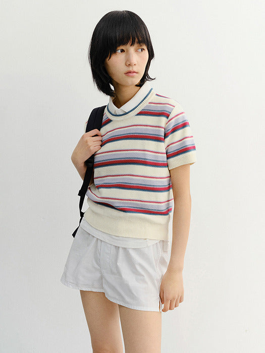 Dunst Unisex Striped Crewneck Knit Cream Red