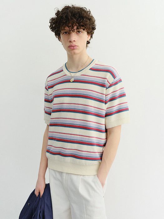 Dunst Unisex Striped Crewneck Knit Cream Red