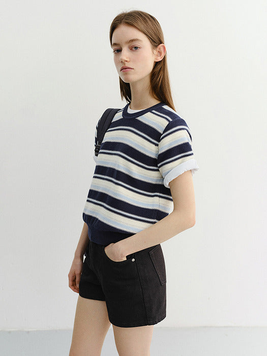 Dunst Unisex Striped Crewneck Knit Navy Cream