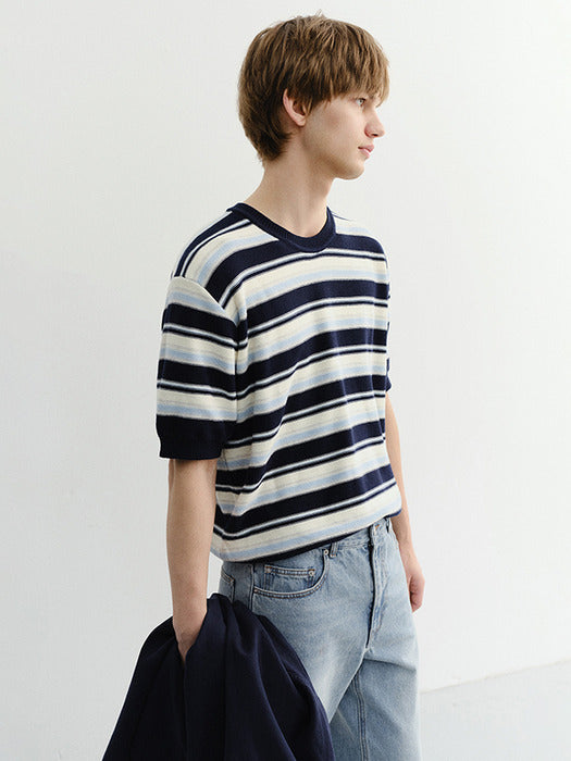 Dunst Unisex Striped Crewneck Knit Navy Cream