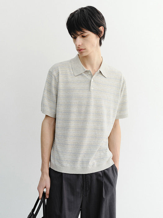 Dunst Unisex Striped Polo Knit Grey Soft Blue