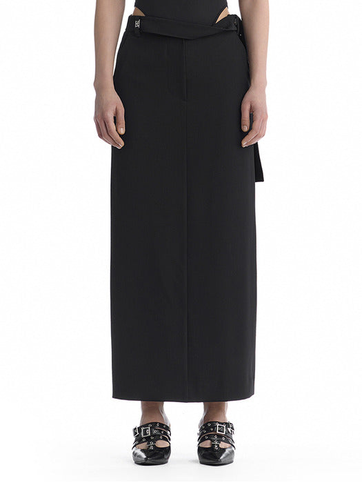 Wconcept_Treemingbird Split Waist Overlap Maxi Skirt [ Black ]