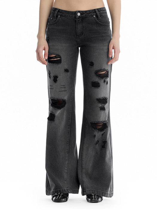 Wconcept_Treemingbird Distressed Bootcut Denim Pants [ Black ]