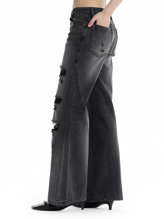 Wconcept_Treemingbird Distressed Bootcut Denim Pants [ Black ]