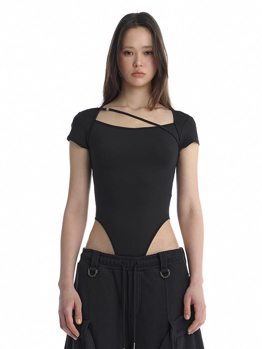 Wconcept_Treemingbird Cross-Neck String Bodysuit [ Black ]