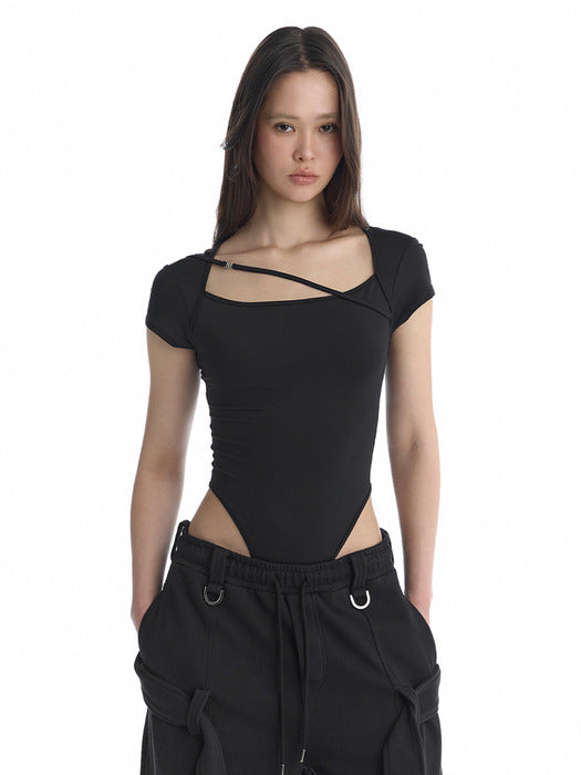 Wconcept_Treemingbird Cross-Neck String Bodysuit [ Black ]