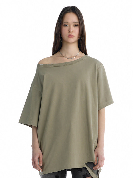 Wconcept_Treemingbird Off-Shoulder Raw Edge T-Shirt [ Khaki ]