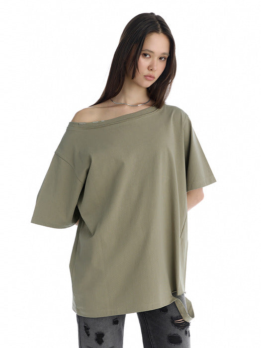 Wconcept_Treemingbird Off-Shoulder Raw Edge T-Shirt [ Khaki ]