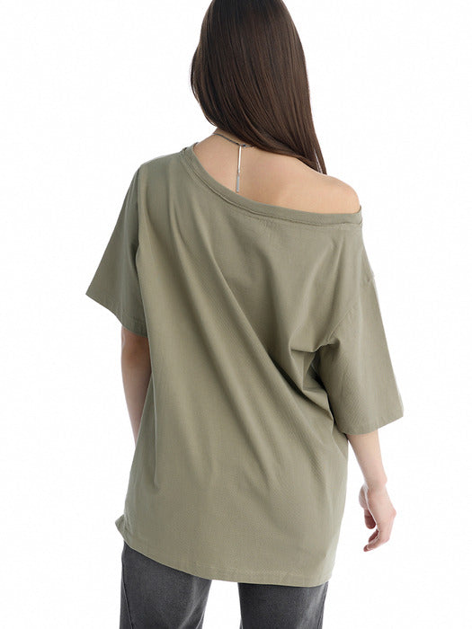 Wconcept_Treemingbird Off-Shoulder Raw Edge T-Shirt [ Khaki ]