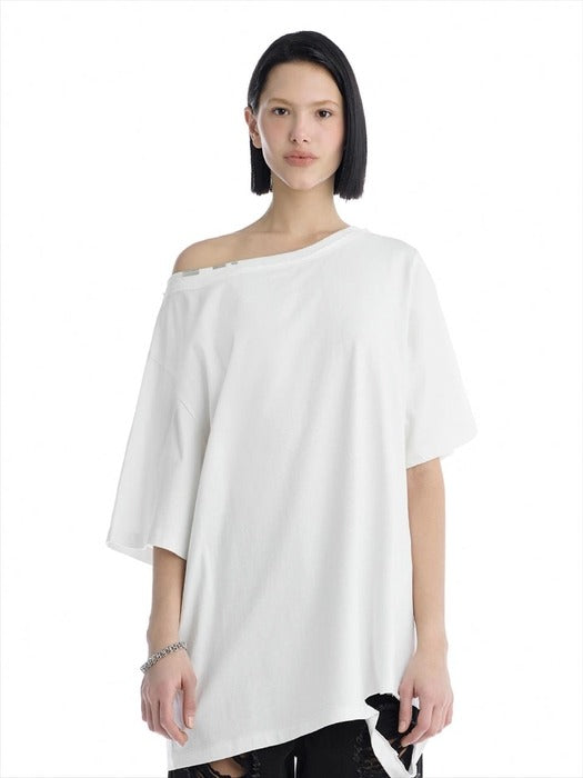 Wconcept_Treemingbird Off-Shoulder Raw Edge T-Shirt [ White ]