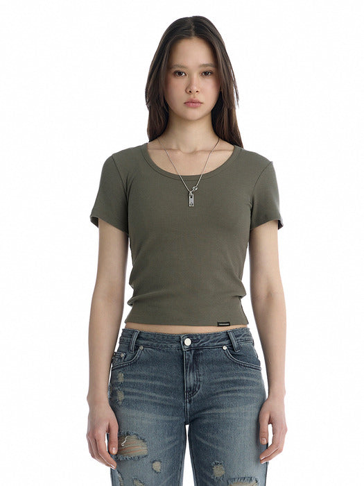 Wconcept_Treemingbird Essential U-Neck Ribbed T-Shirt [ Charcoal ]