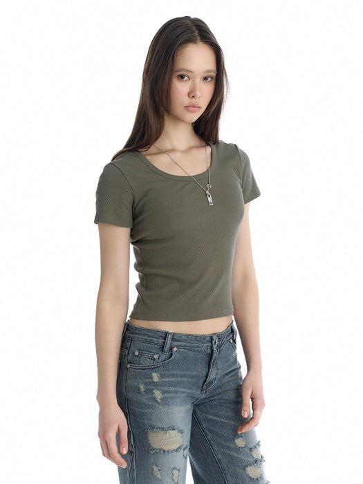 Wconcept_Treemingbird Essential U-Neck Ribbed T-Shirt [ Charcoal ]