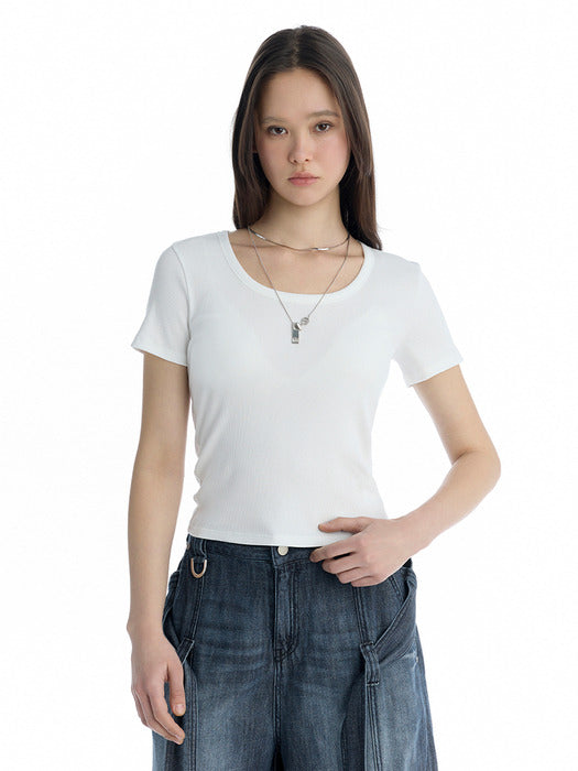 Wconcept_Treemingbird Essential U-Neck Ribbed T-Shirt [ White ]