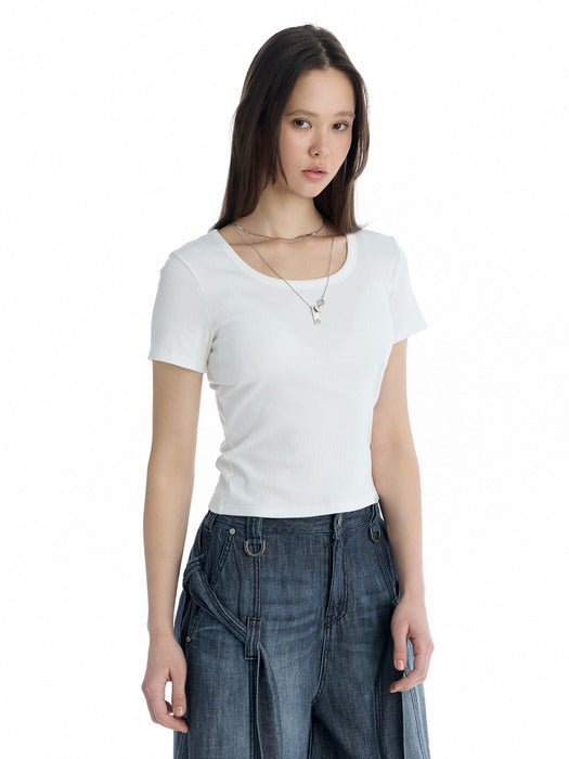 Wconcept_Treemingbird Essential U-Neck Ribbed T-Shirt [ White ]