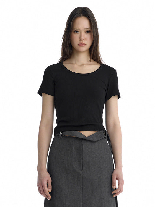 Wconcept_Treemingbird Essential U-Neck Ribbed T-Shirt [ Black ]