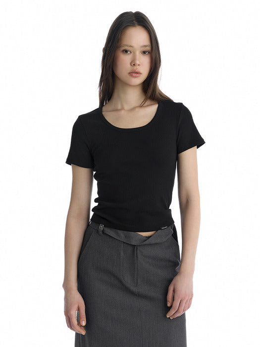Wconcept_Treemingbird Essential U-Neck Ribbed T-Shirt [ Black ]