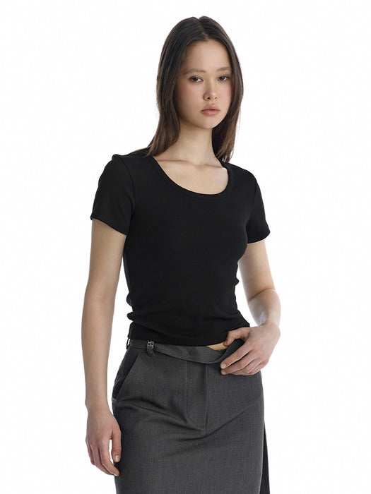 Wconcept_Treemingbird Essential U-Neck Ribbed T-Shirt [ Black ]