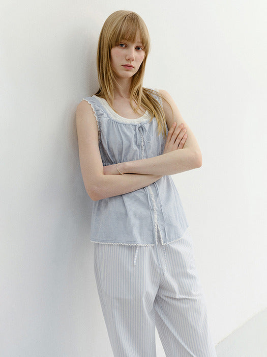 Dunst Shirring Sleeveless Blouse Soft Blue Stripe