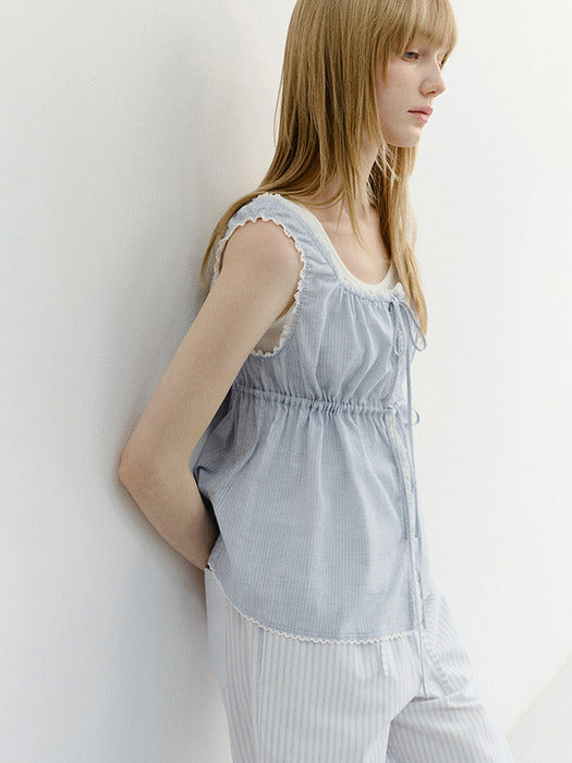 Dunst Shirring Sleeveless Blouse Soft Blue Stripe