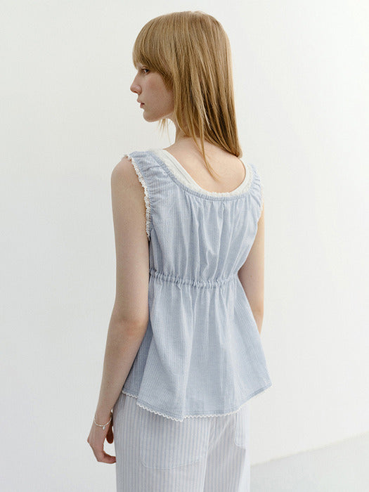 Dunst Shirring Sleeveless Blouse Soft Blue Stripe