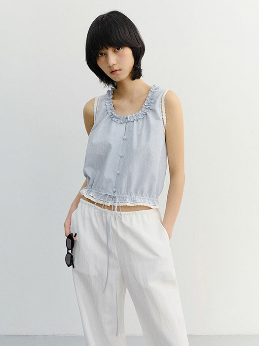 Dunst Frill Sleeveless Blouse Soft Blue Check