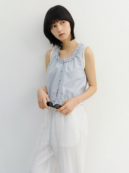 Dunst Frill Sleeveless Blouse Soft Blue Check