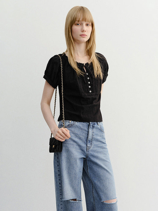 Dunst Ribboned Shirring Blouse Black