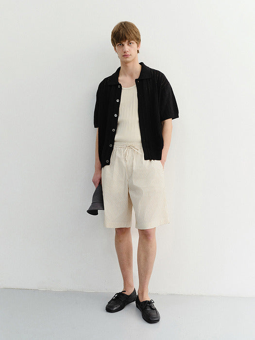 Dunst Unisex Pajama Bermuda Shorts Beige Stripe